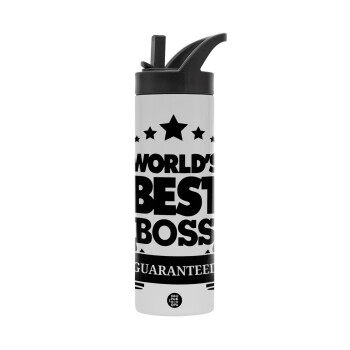 World's best boss stars, Μεταλλικό παγούρι θερμός με καλαμάκι & χειρολαβή, ανοξείδωτο ατσάλι (Stainless steel 304), διπλού τοιχώματος, 600ml