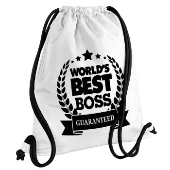 World's best boss stars, Τσάντα πλάτης πουγκί GYMBAG λευκή, με τσέπη (40x48cm) & χονδρά κορδόνια