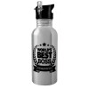 Water bottle Silver with straw, stainless steel 600ml