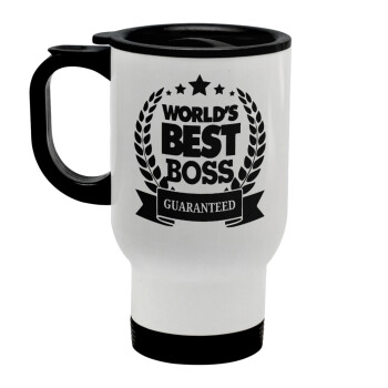World's best boss stars, Stainless steel travel mug with lid, double wall white 450ml