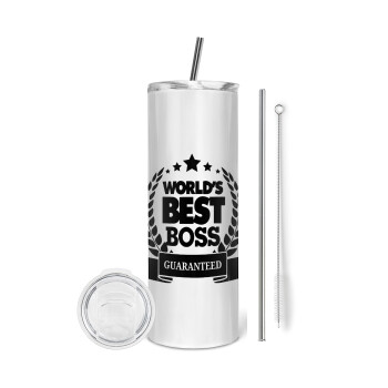 World's best boss stars, Tumbler ποτήρι θερμό από ανοξείδωτο ατσάλι 600ml, με μεταλλικό καλαμάκι & βούρτσα καθαρισμού