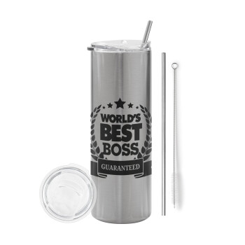 World's best boss stars, Tumbler ποτήρι θερμό Ασημένιο από ανοξείδωτο ατσάλι 600ml, με μεταλλικό καλαμάκι & βούρτσα καθαρισμού