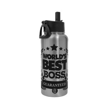 World's best boss stars, Metal mug thermo Silver with Straw and Spout Lid (Stainless steel), double wall, 950ml