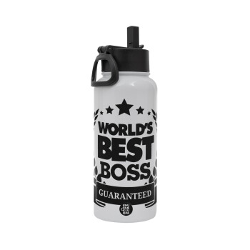 World's best boss stars, Metal mug thermo White with Straw and Spout Lid (Stainless steel), double wall, 950ml