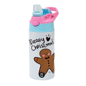 mr gingerbread, Children's hot water bottle, stainless steel, with safety straw, Pink/BlueCiel (360ml) BPA FREE