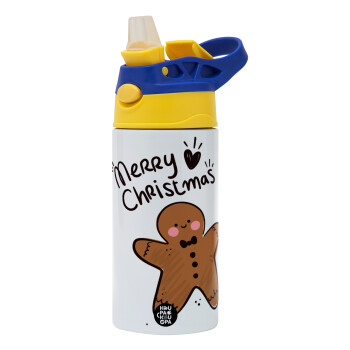 mr gingerbread, Children's hot water bottle, stainless steel, with safety straw, green, blue (360ml) BPA FREE