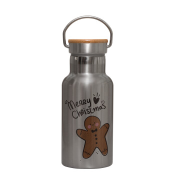 mr gingerbread, Stainless steel metallic thermos flask, silver with a bamboo lid, double-walled, 350ml.