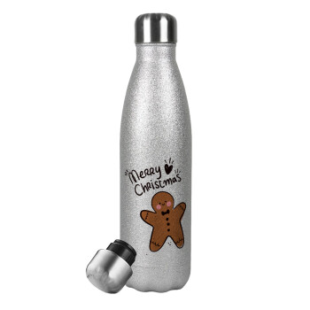 mr gingerbread, Μεταλλικό παγούρι θερμός Glitter Aσημένιο (Stainless steel), διπλού τοιχώματος, 500ml