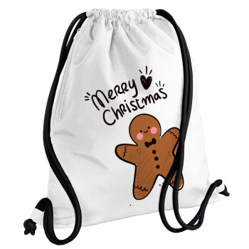 mr gingerbread, Τσάντα πλάτης πουγκί GYMBAG λευκή, με τσέπη (40x48cm) & χονδρά κορδόνια