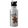 Water bottle Silver with straw, stainless steel 600ml