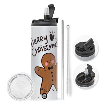 mr gingerbread, Travel Tumbler θερμό με διπλό καπάκι, μεταλλικό καλαμάκι και βούρτσα καθαρισμού (Ανωξείδωτο 304 Food grade, BPA free, 600ml)