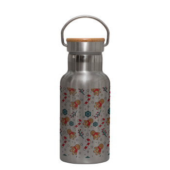 xmas gingerbread, Stainless steel metallic thermos flask, silver with a bamboo lid, double-walled, 350ml.