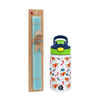 xmas gingerbread, Easter Set, Children's thermal stainless steel bottle with safety straw, green/blue (350ml) & aromatic flat Easter candle (30cm) (TURQUOISE)