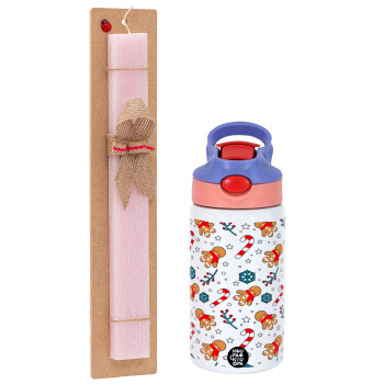 xmas gingerbread, Easter Set, Children's thermal stainless steel water bottle with safety straw, pink/purple (350ml) & Easter scented flat candle (30cm) (PINK)