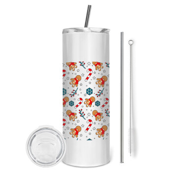 xmas gingerbread, Eco friendly ποτήρι θερμό (tumbler) από ανοξείδωτο ατσάλι 600ml, με μεταλλικό καλαμάκι & βούρτσα καθαρισμού