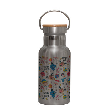 Merry Xmas ho ho ho, Stainless steel metallic thermos flask, silver with a bamboo lid, double-walled, 350ml.