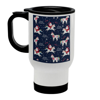 Unicorns & Santas, Stainless steel travel mug with lid, double wall white 450ml