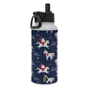 Unicorns & Santas, Metal mug thermo White with Straw and Spout Lid (Stainless steel), double wall, 950ml