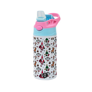 Santas, Deers & Trees, Children's hot water bottle, stainless steel, with safety straw, Pink/BlueCiel (360ml) BPA FREE