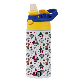 Santas, Deers & Trees, Children's hot water bottle, stainless steel, with safety straw, green, blue (360ml) BPA FREE