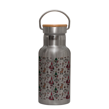 Santas, Deers & Trees, Stainless steel metallic thermos flask, silver with a bamboo lid, double-walled, 350ml.