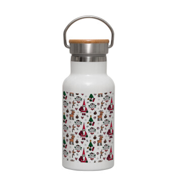 Santas, Deers & Trees, Metallic thermos (Stainless steel) White with wooden lid (bamboo), double-walled, 350ml