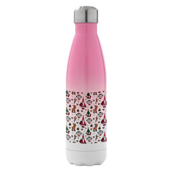 Santas, Deers & Trees, Metal mug thermos Pink/White (Stainless steel), double wall, 500ml