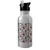 Water bottle Silver with straw, stainless steel 600ml