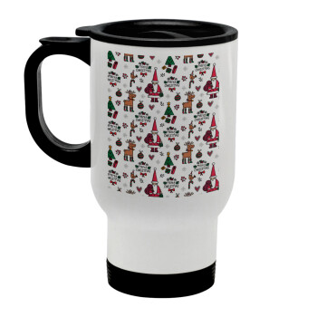 Santas, Deers & Trees, Stainless steel travel mug with lid, double wall white 450ml