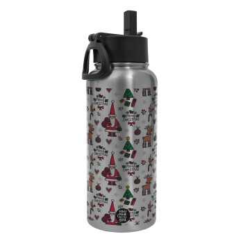 Santas, Deers & Trees, Metal mug thermo Silver with Straw and Spout Lid (Stainless steel), double wall, 950ml