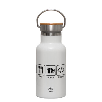 Eat Sleep Code, Metallic thermos (Stainless steel) White with wooden lid (bamboo), double-walled, 350ml