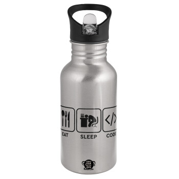 Eat Sleep Code, Water bottle Silver with straw, stainless steel 500ml