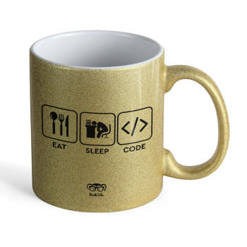 Eat Sleep Code, Κούπα Χρυσή Glitter που γυαλίζει, κεραμική, 330ml