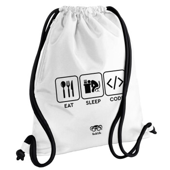 Eat Sleep Code, Τσάντα πλάτης πουγκί GYMBAG λευκή, με τσέπη (40x48cm) & χονδρά κορδόνια