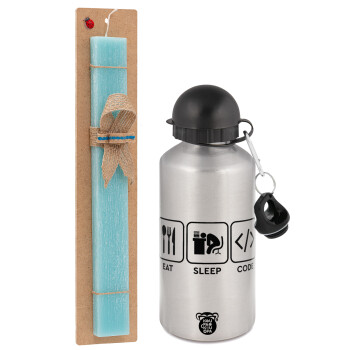 Eat Sleep Code, Easter Set, metallic silver aluminum water bottle (500ml) & scented flat Easter candle (30cm) (TURQUOISE)