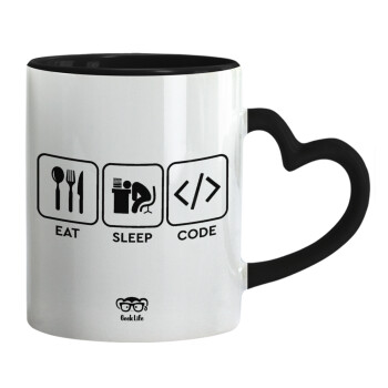 Eat Sleep Code, Κούπα καρδιά χερούλι μαύρη, κεραμική, 330ml