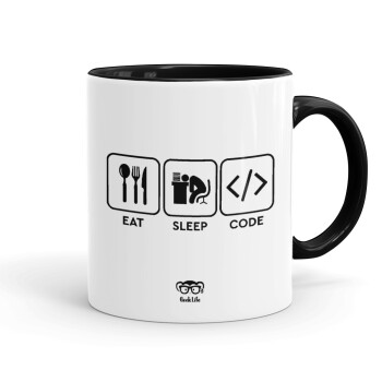 Eat Sleep Code, Κούπα χρωματιστή μαύρη, κεραμική, 330ml