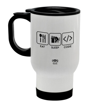 Eat Sleep Code, Stainless steel travel mug with lid, double wall white 450ml