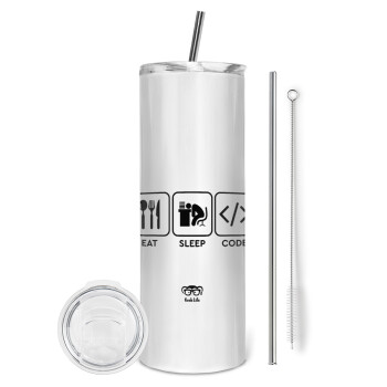Eat Sleep Code, Eco friendly stainless steel tumbler 600ml, with metal straw & cleaning brush