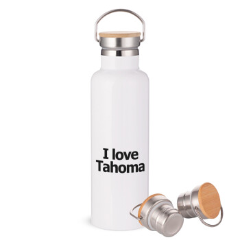 I love Tahoma, Stainless steel White with wooden lid (bamboo), double wall, 750ml