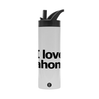 I love Tahoma, Metallic thermos bottle with straw & handle, stainless steel (Stainless steel 304), double-walled, 600ml.