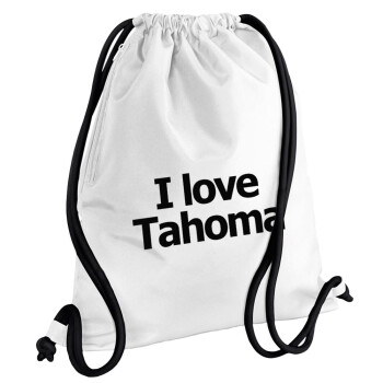 I love Tahoma, Backpack pouch GYMBAG white, with pocket (40x48cm) & thick cords