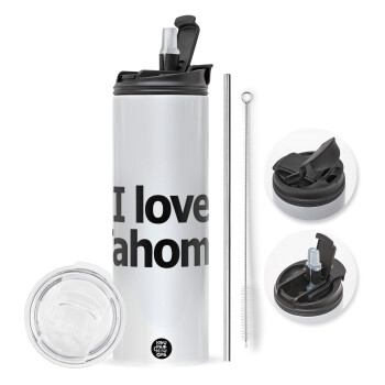 I love Tahoma, Travel Tumbler 2 Lids, with metal straw & cleaning brush (Stainless steel 304 Food grade, BPA free, 600ml)