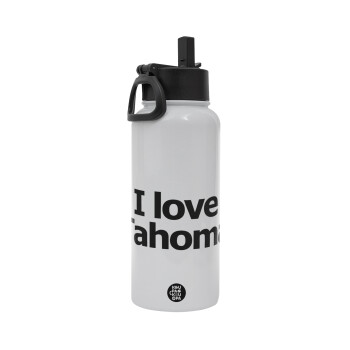 I love Tahoma, Metal mug thermo White with Straw and Spout Lid (Stainless steel), double wall, 950ml