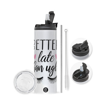 Better Late than ugly hearts, Travel Tumbler 2 Lids, with metal straw & cleaning brush (Stainless steel 304 Food grade, BPA free, 600ml)