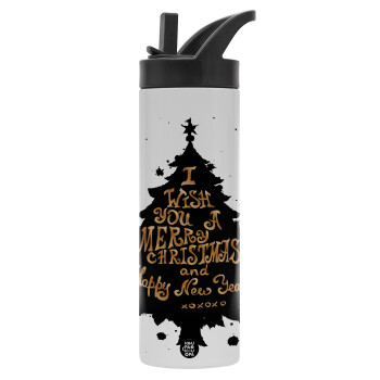 Tree, i wish you a merry christmas and a Happy New Year!!! xoxoxo, Metallic thermos bottle with straw & handle, stainless steel (Stainless steel 304), double-walled, 600ml.