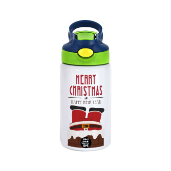 Merry christmas chimney, Children's hot water bottle, stainless steel, with safety straw, green, blue (350ml)