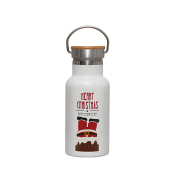 Merry christmas chimney, Metallic thermos (Stainless steel) White with wooden lid (bamboo), double-walled, 350ml