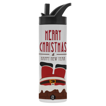 Merry christmas chimney, Metallic thermos bottle with straw & handle, stainless steel (Stainless steel 304), double-walled, 600ml.