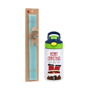 Merry christmas chimney, Easter Set, Children's thermal stainless steel bottle with safety straw, green/blue (350ml) & aromatic flat Easter candle (30cm) (TURQUOISE)